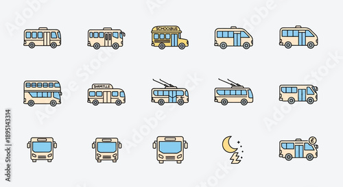 Collection of Cartoon Style Camper Vans and Moon.