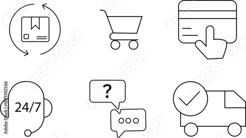 E-commerce and customer service line icons set featuring order tracking, shopping cart, online payment, 24/7 support, live chat, and fast delivery isolated on white background.
