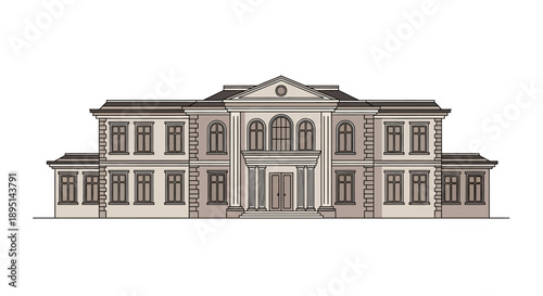 Elegant Classical Architecture Building Facade with Columns and Windows.