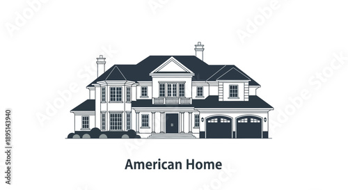 Elegant American Home Exterior With Two Car Garage.