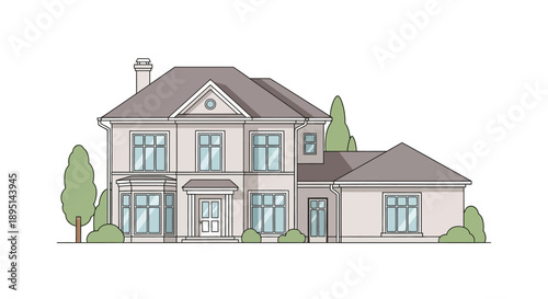 Elegant two story detached house with large windows and trees.
