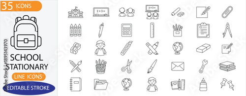 
School Stationery Line Icon Set. Features icons of backpack, books, pen, pencil, ruler, calculator, globe, scissors, glue, notebook. Perfect for education apps, websites, print, UI, and presentations