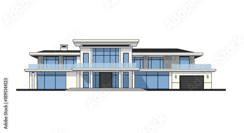 Modern Luxury Mansion with Large Windows and Garage.