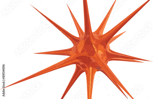 Glossy orange spiky geometric 3D object with radiating pointed spikes on white background, abstract symmetrical design for digital art