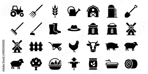 Collection of simple black farm icons on white background illustrating agricultural elements and activities