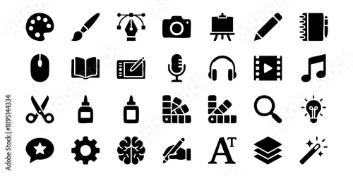 Collection of black icons representing creativity and productivity tools on a clean white background