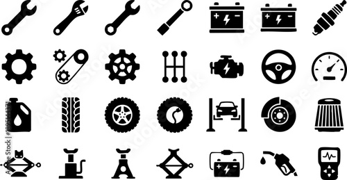Collection of various mechanical and technical icons displayed in a grid layout on a clean white background