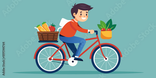 Young Boy Riding Bicycle with Groceries.