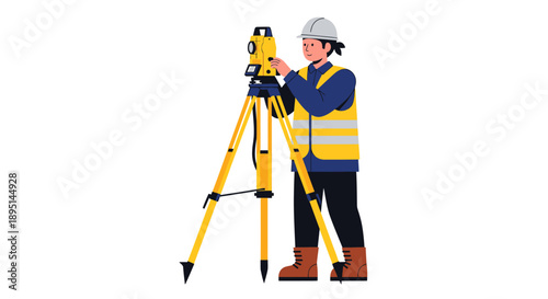 Surveyor Using Theodolite for Land Measurement and Construction Site Surveying.