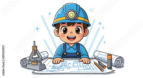 Young Architect Engineer Kid Cartoon Character with Blueprint and Tools.