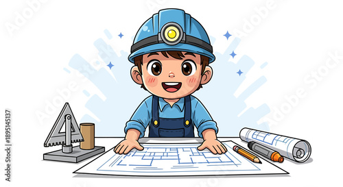 Young Architect Engineer Kid Cartoon Character with Blueprint.