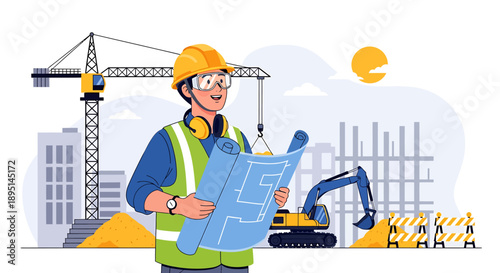 Male Engineer Wearing Hard Hat and Safety Vest Examining Blueprints at Construction Site.