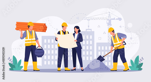 Construction workers and architect reviewing blueprints at building site.