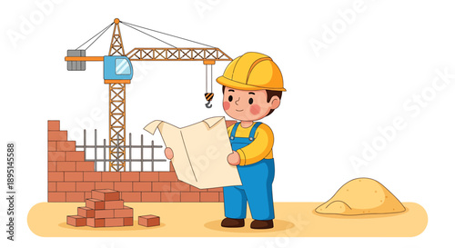Young construction worker in hard hat holding blueprints at building site.