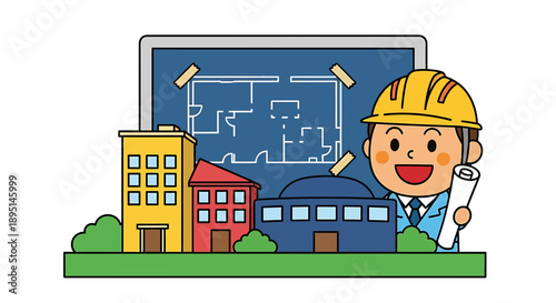 Architectural Design and Construction Planning with Blueprint and Buildings.