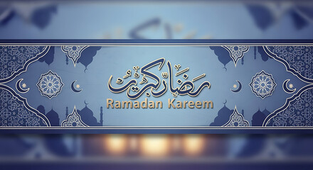 Ramadan kareem banner with golden arabic calligraphy and blue background featuring mosque silhouette design