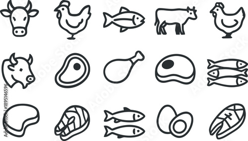 Silhouette icons of various meats and seafood