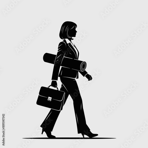 Businesswoman Walking with Briefcase and Yoga Mat.