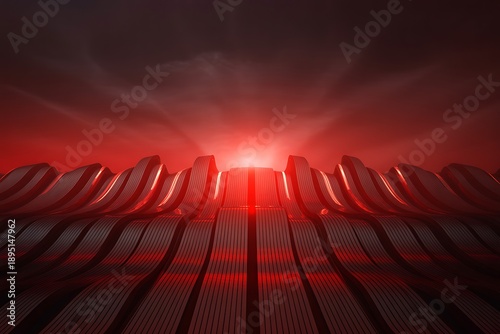 A futuristic red metallic structure with wavy lines under a dark cloudy sky at sunset