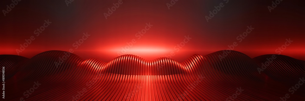 Fototapeta premium A futuristic red tunnel with wavy lines and a glowing light at the end