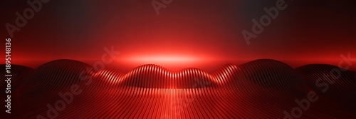 A futuristic red tunnel with wavy lines and a glowing light at the end