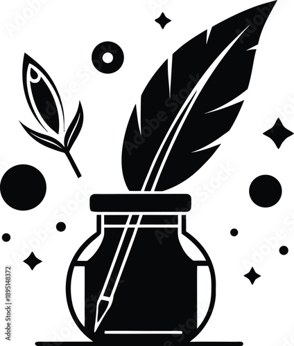A black and white vector graphic of a quill pen in an inkwell