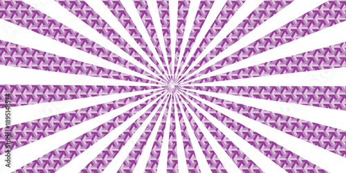 Abstract purple background with spiral lines features a violet geometric sunburst pattern and floral vector ornament for a seamless pink and purple texture design