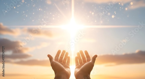 Outstretched hands welcoming the radiant sunrise