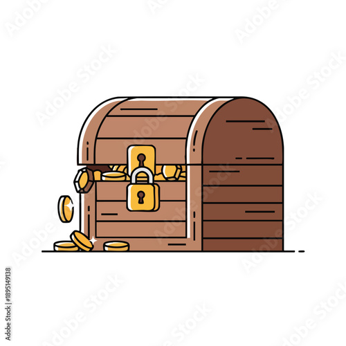 Wooden Treasure Chest with Gold Coins and Broken Lock