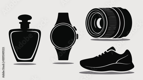 Black Silhouettes of Perfume Bottle Smartwatch Camera Lens and Sneaker featuring