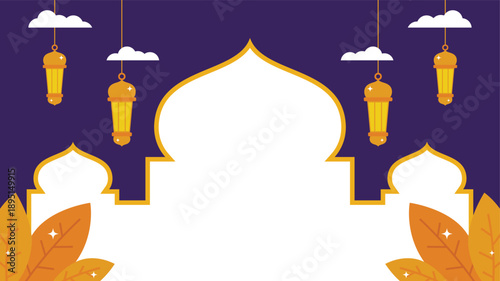 Islamic horizontal background featuring hanging lanterns and mosque dome as copy space for text on dark purple backdrop.
