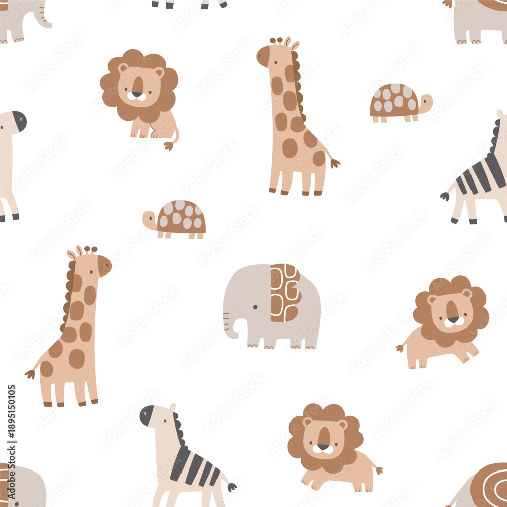 Fototapeta premium Cute Safari Animals Seamless Pattern for Nursery and Kids Textile – Minimal Scandinavian Style Vector Illustration