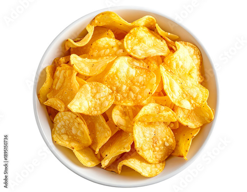 Bowl of crispy potato chips snacks on transparent background perfect for salty snack cravings and party food