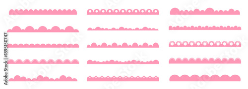 Scalloped border fluffy pink scalloped edge set. lace border, textile frill stripe. Cutout wavy decoration line frame collection