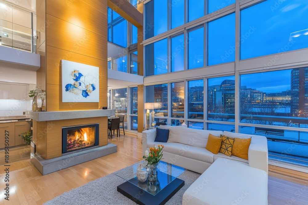 Naklejka premium Modern Living Room Interior: This modern living room offers a bright, airy space with stunning floor-to-ceiling windows that provide breathtaking city views.