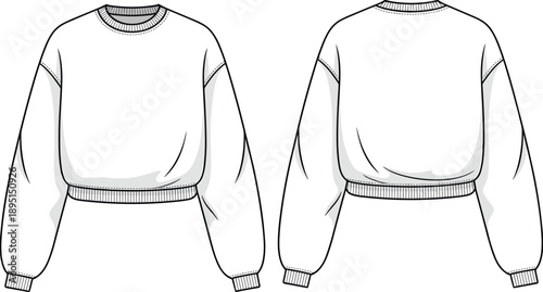 Women cropped sweatshirt illustration, front back fashion technical drawing, casual pullover top design, long sleeve apparel, isolated vector artwork, 