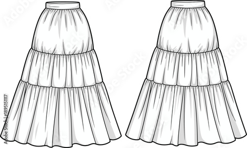 Women tiered skirt illustration, front back fashion technical drawing, long ruffle skirt design, apparel garment template, isolated vector artwork, graphic