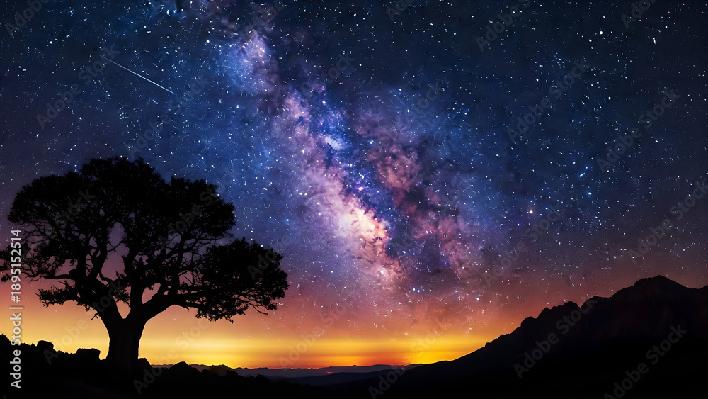Fototapeta premium Milky Way Night Sky Tree Silhouette Mountain Landscape Purple Blue