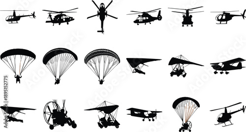 Aviation and air sports silhouette collection featuring helicopters, paragliding, paramotors, hang gliders and ultralight aircraft, dynamic flying transport icons for adventure, travel