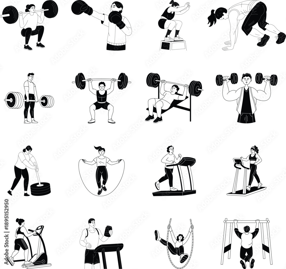 Obraz premium Set of Workout and Fitness Hand Drawn Illustrations