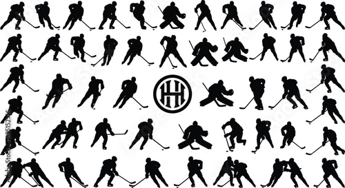 Collection of ice hockey player silhouettes in action poses including skating, shooting, defending and goalie moves, isolated black vector sport icons on white background
