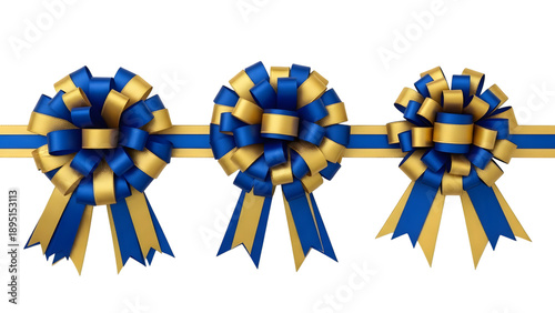Three elegant gift bows in shades of gold and blue perfect for celebrations isolated on transparent background