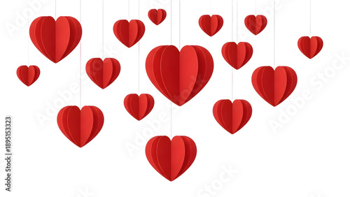 Multiple red paper hearts hanging from strings a valentine's day decoration isolated on transparent background