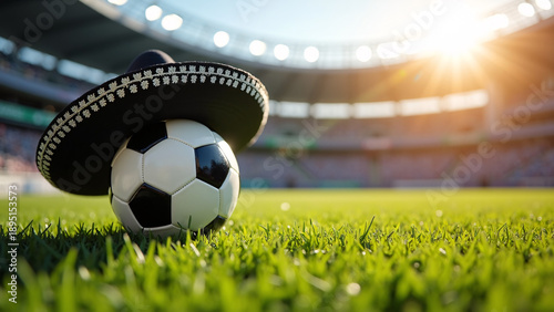Sombrero balanced on a soccer ball under bright stadium sunlight—grass vivid, stands towering, blending culture‑core warmth with match‑core anticipation in a clean, iconic scene.
