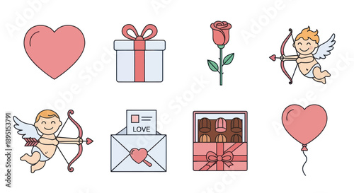 Valentine's Day Icons: Cupid, Rose, Heart, Gift Box, Chocolate, Balloon, Love Letter