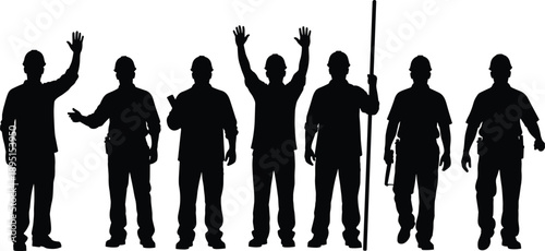 Construction worker silhouettes in different poses, safety helmets equipment, teamwork industrial labor concept, black figures isolated on white background
