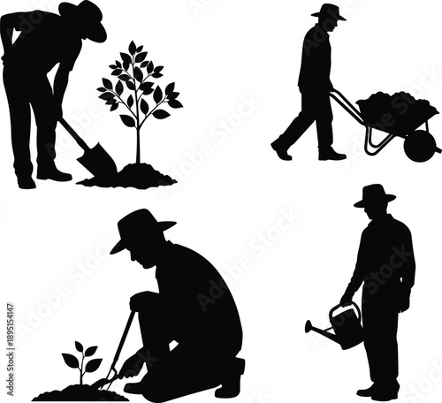 Gardener silhouette set illustration, planting tree watering plants wheelbarrow work, agriculture farming concept, black vector figures isolated on white