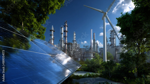 renewable energy meets industry under blue sky, solar and wind powering modern industrial landscape, clean energy transition alongside traditional industry