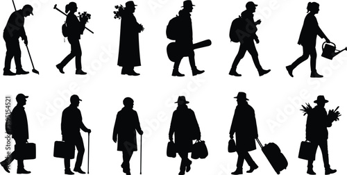 People walking silhouettes set carrying bags tools flowers luggage, everyday lifestyle activities, travel work gardening concept, black vector isolated white