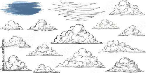 Cartoon style cloud with blue sky background clouds black white